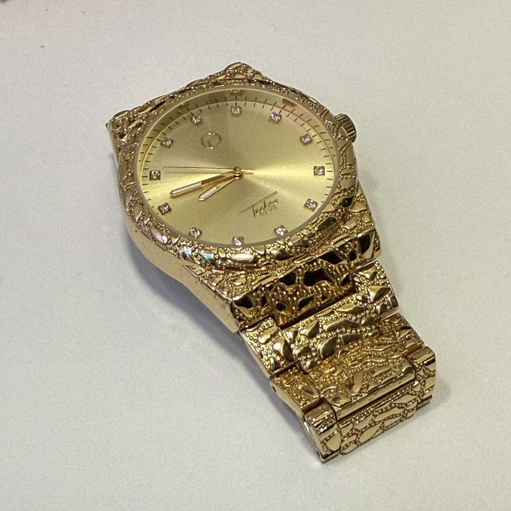 Gold Textured Watch with Crystal Accents